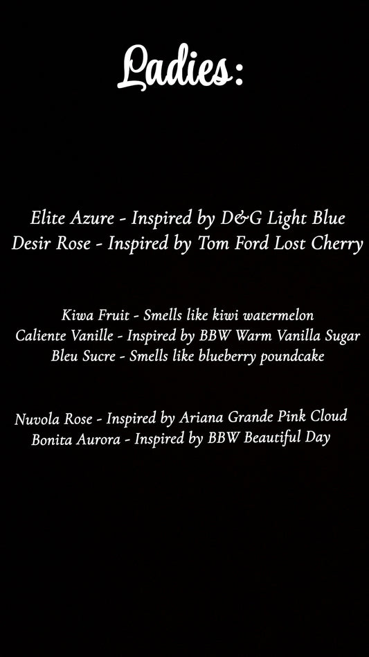 List of ladies' fragrances inspired by popular scents including Elite Azure and Nuvola Rose.