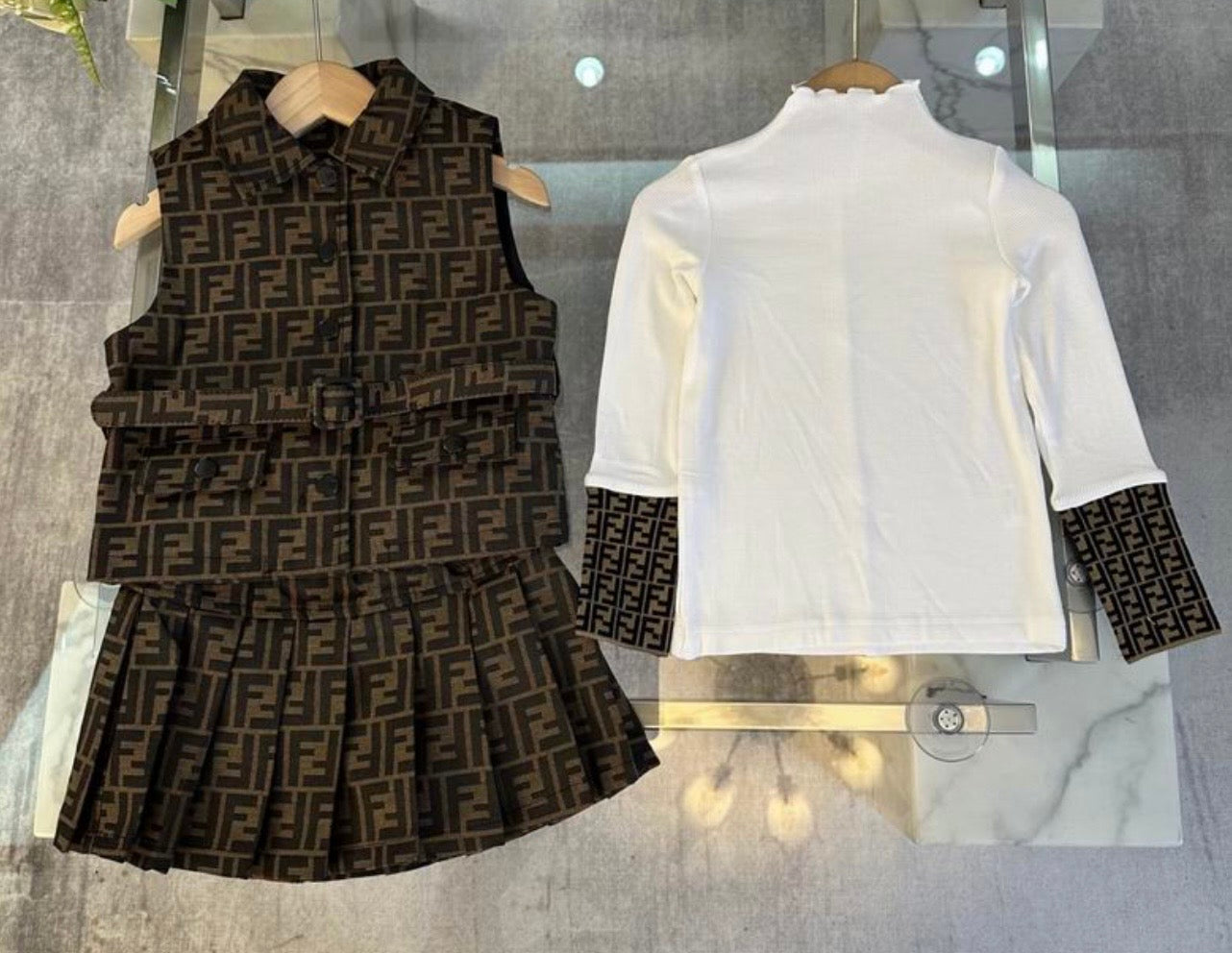 Girls’ Fashion 3-Piece Set – Monogram Vest, Skirt & Long Sleeve Top