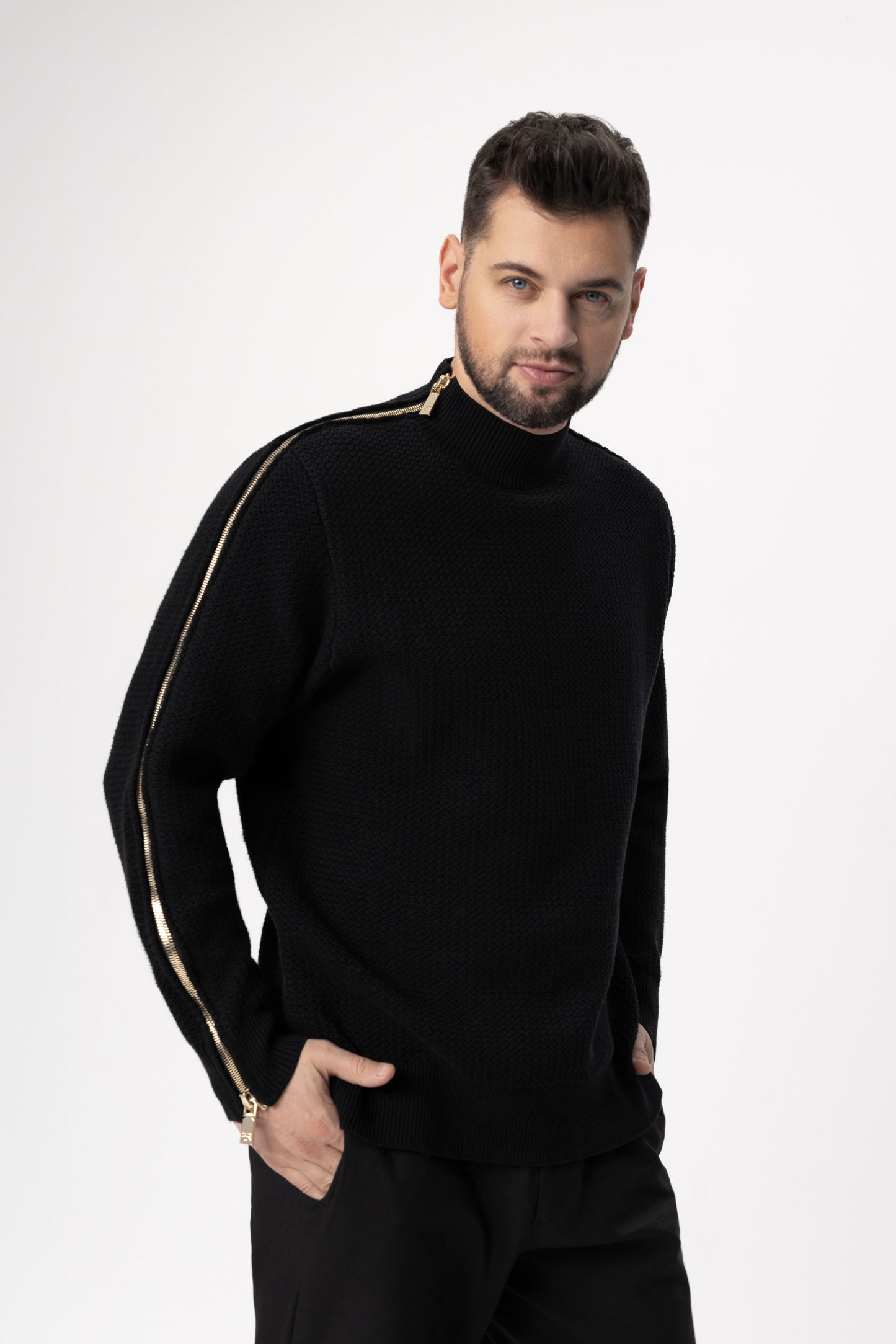 Black Luxe Zipped Turtleneck Sweater