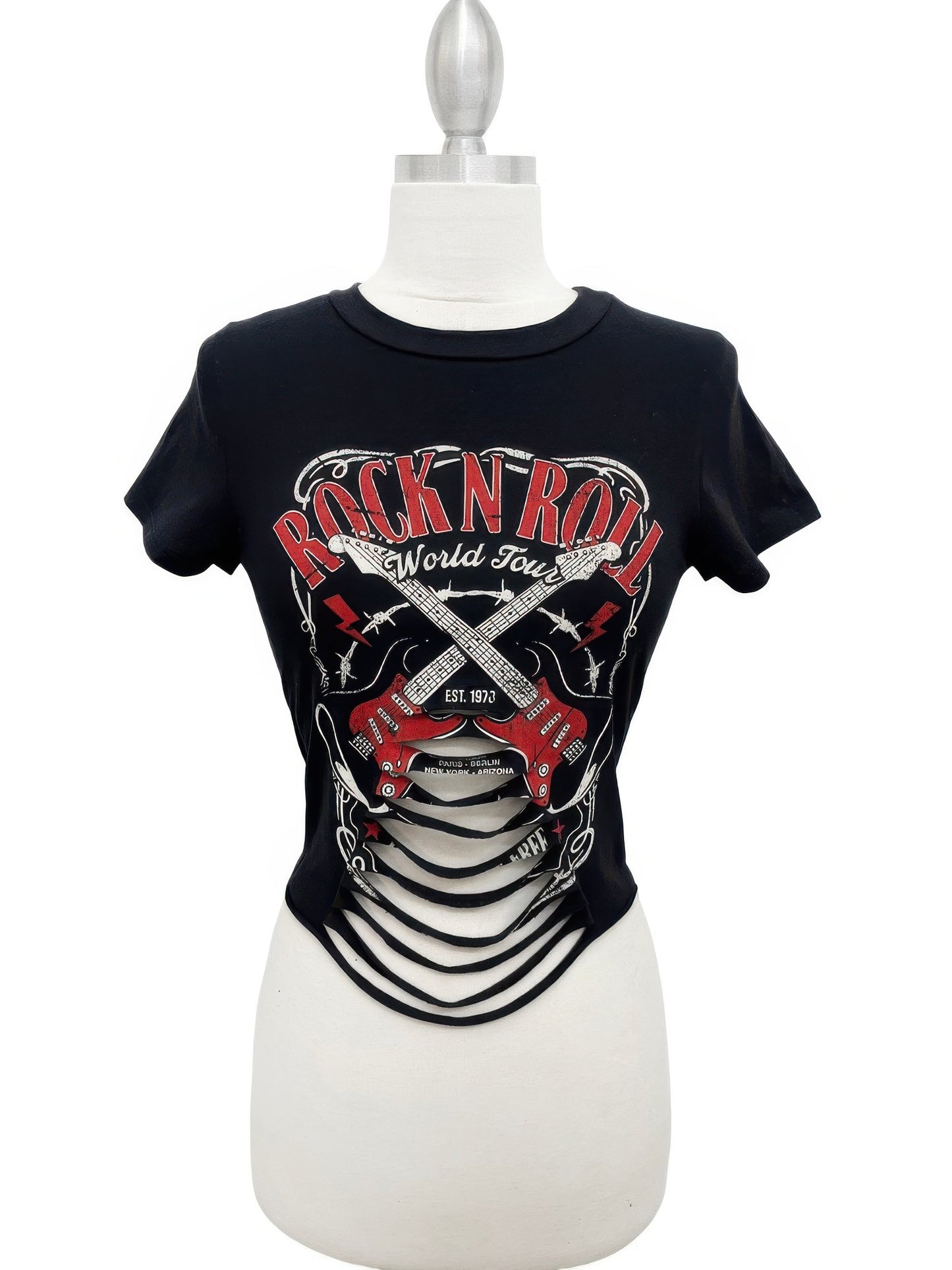 Alt Tag: Rock N Roll World Tour Distressed Laser Cut Graphic Tee women's black tee with rock graphic and laser-cut distressed front