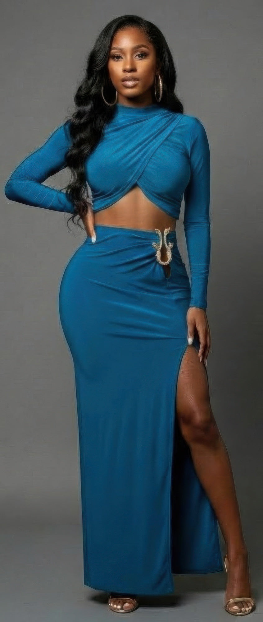 Alt Tag: High Slit Maxi Skirt Set in teal, long-sleeve crossover wrap top and high side slit maxi skirt, elegant two-piece women’s outfit