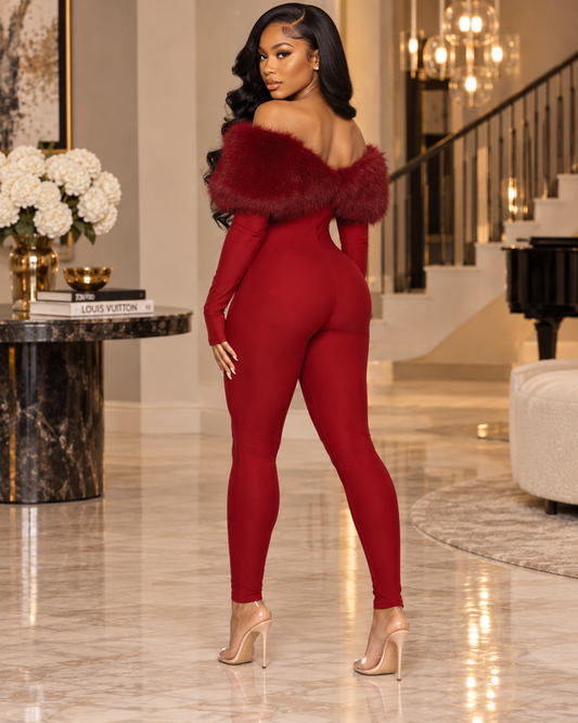 Center Stage Feather-Trim Cutout Bodycon Jumpsuit