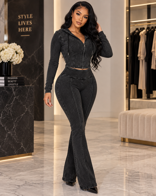 After Hours Washed Zip-Up Crop Hoodie & Split-Hem Flare Pants Set