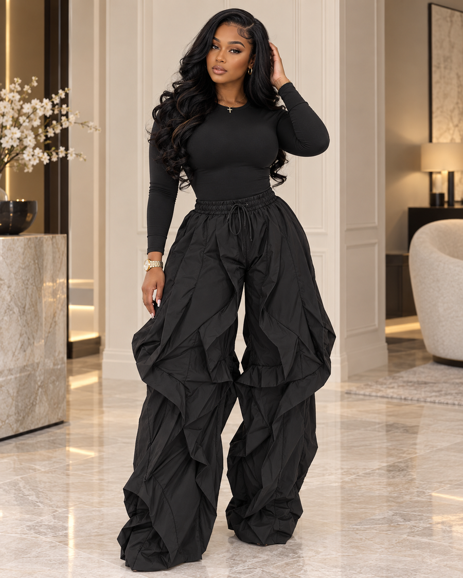 Main Event Fitted Top & Cascading-Ruffle Wide-Leg Pants Set