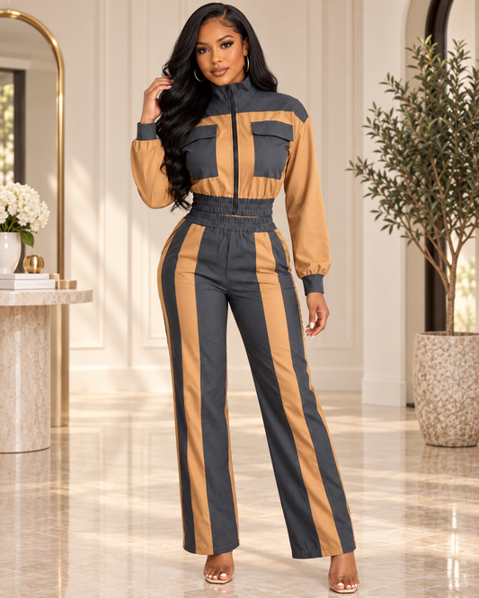 Concrete Safari Patchwork Cropped Jacket & Wide Leg Pants Set