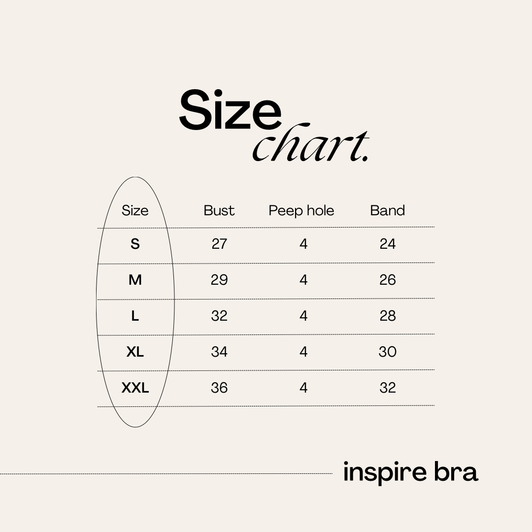 Size chart for inspiring bras, detailing measurements for bust, peep hole, and band in sizes S to XXL.