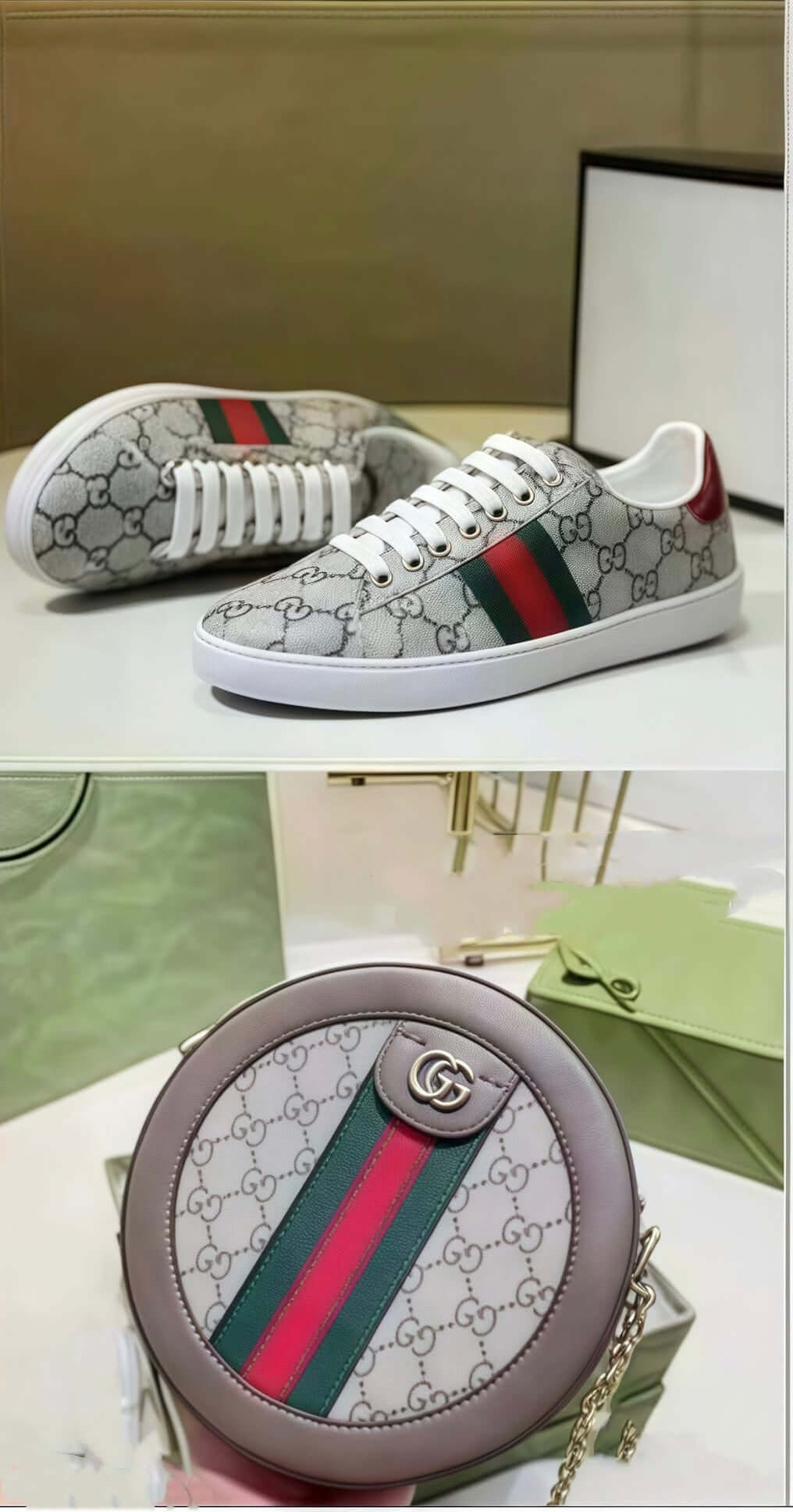 Alt Tag: Sneaker & Crossbody Bag Set featuring logo-print low-top sneakers and matching round crossbody bag with striped detail