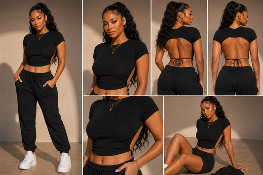 Model showcasing an open back tie crop top in black, featuring ribbed fabric and side cutouts for a stylish look.