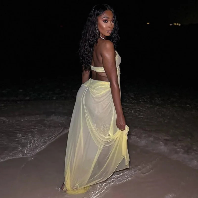 Rhinestone Halter Cutout Mesh Maxi Dress, product view 9 - Rose in Concrete