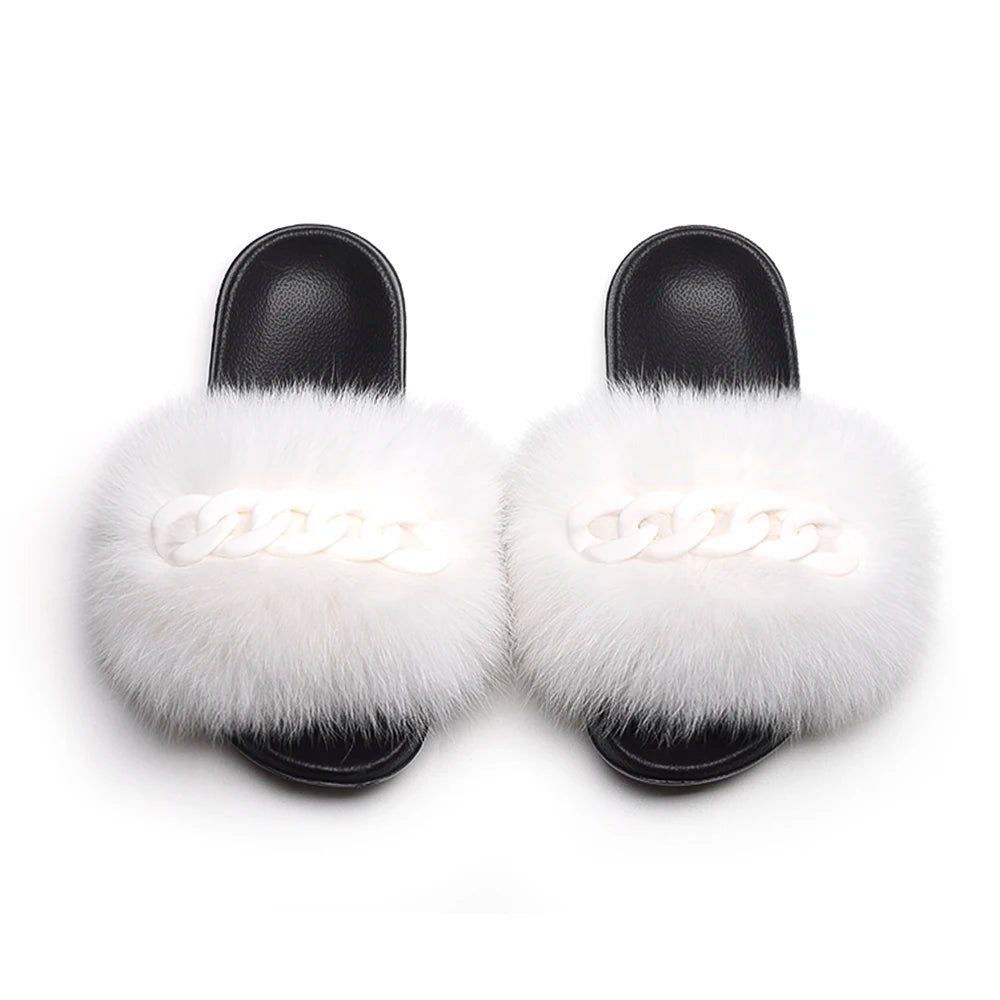 Women’s Fluffy Fox Fur Chain Slides
