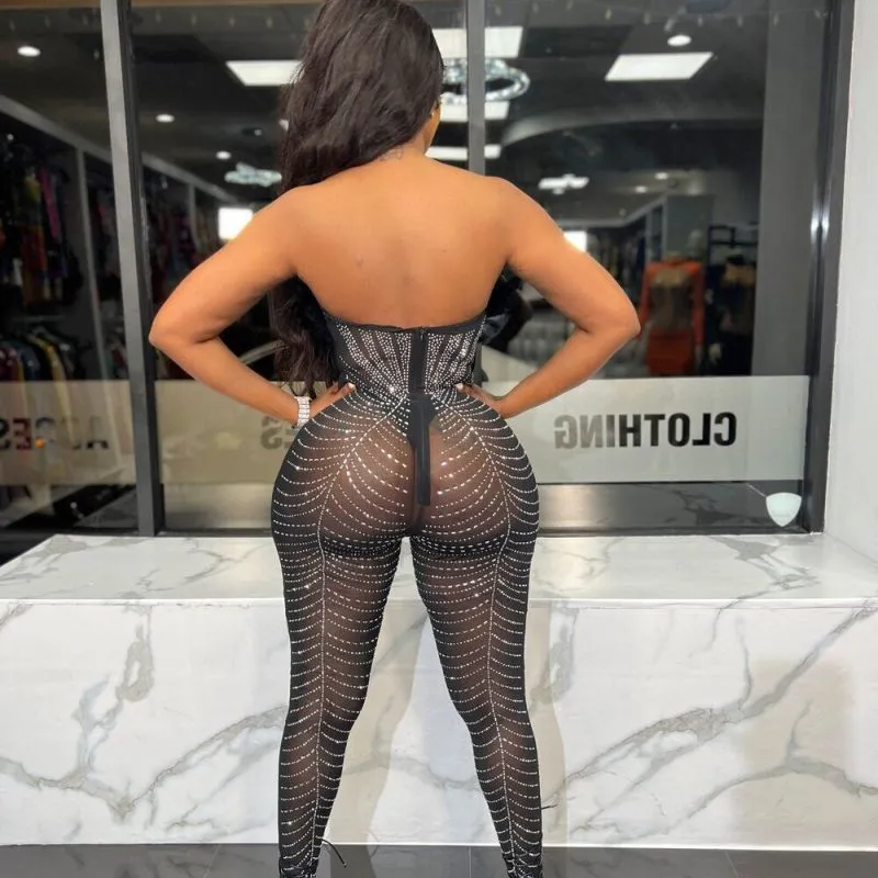 Rhinestone Deep V Jumpsuit