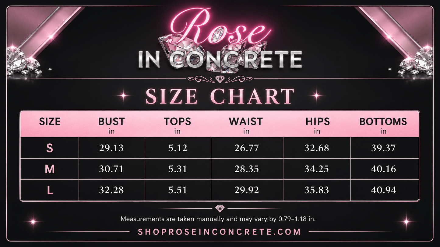 Size chart for Rose in Concrete including bust, waist, hips, and bottoms measurements for S, M, and L sizes.