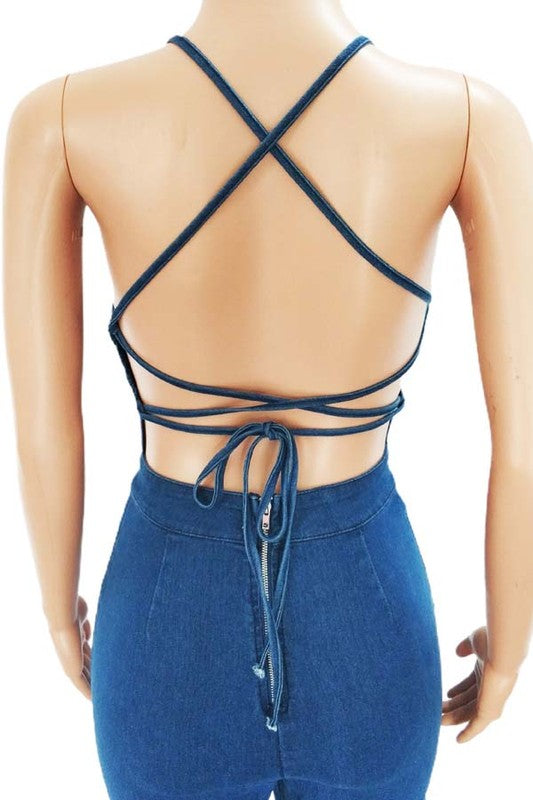 Denim Halter Jumpsuit - Rose In Concrete 🥀