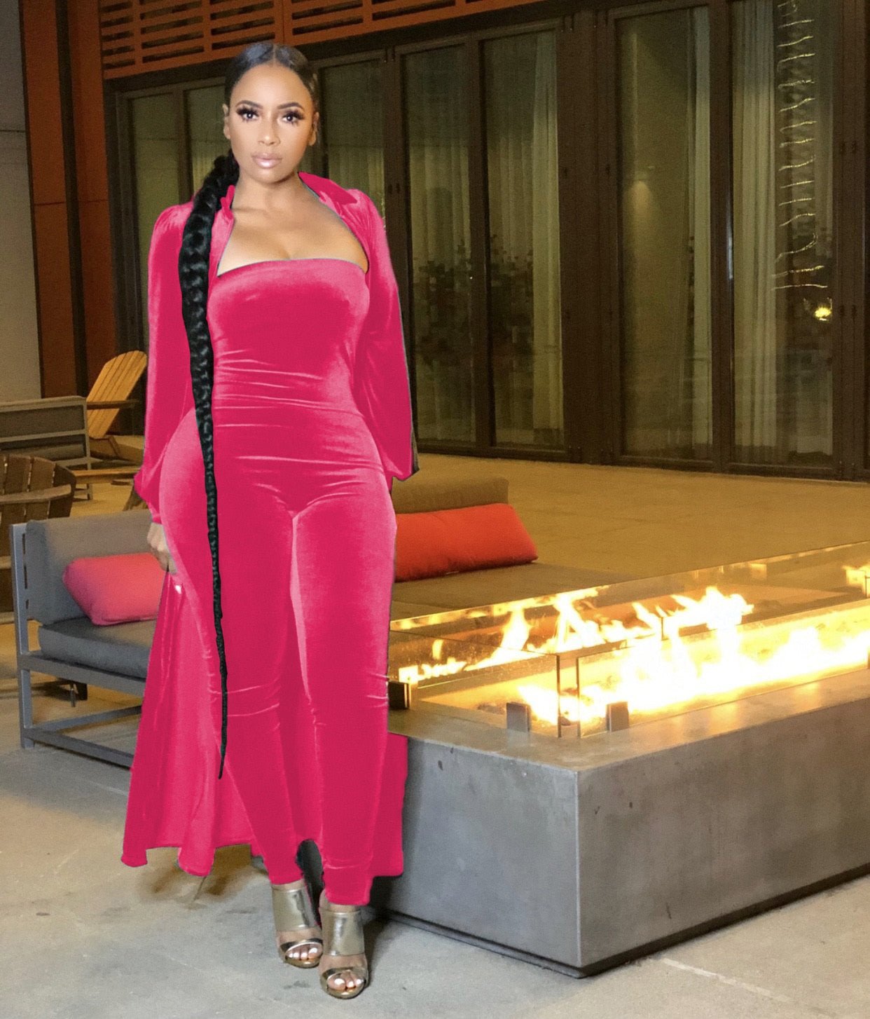 Velvet Long Sleeve Maxi Cardigan + Strapless Jumpsuit - Rose In Concrete 🥀