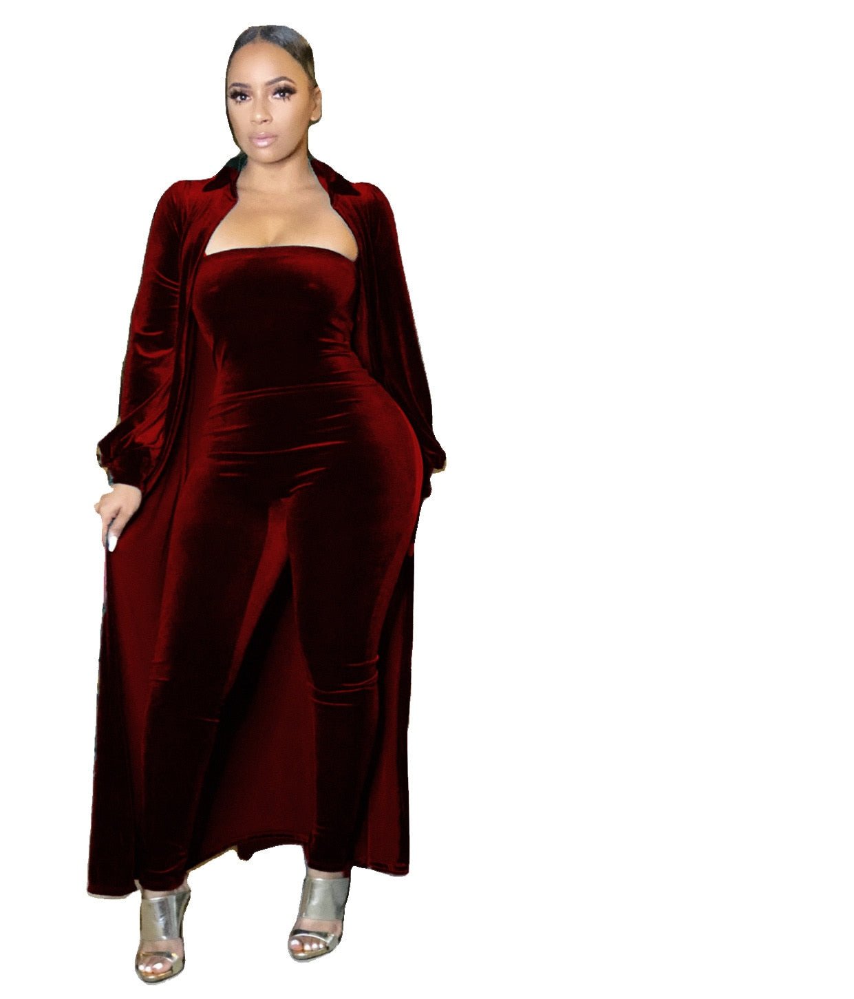 Velvet Long Sleeve Maxi Cardigan + Strapless Jumpsuit - Rose In Concrete 🥀