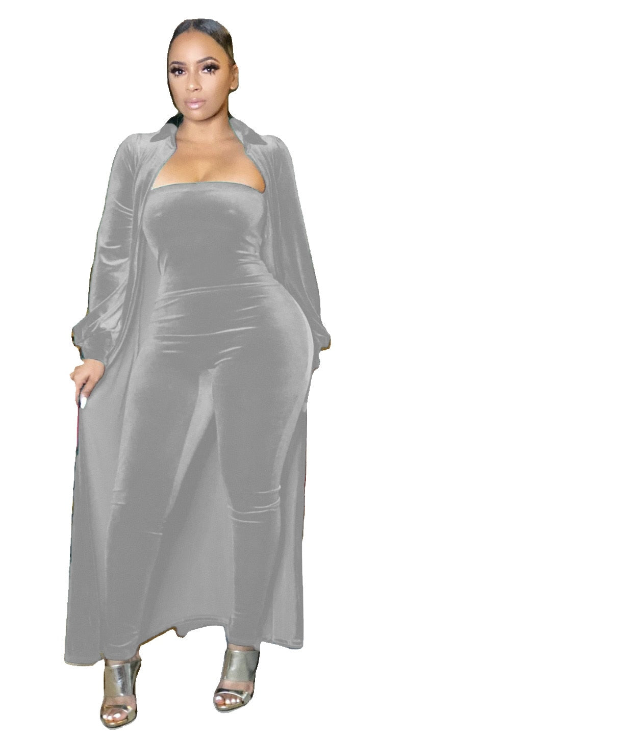 Velvet Long Sleeve Maxi Cardigan + Strapless Jumpsuit - Rose In Concrete 🥀