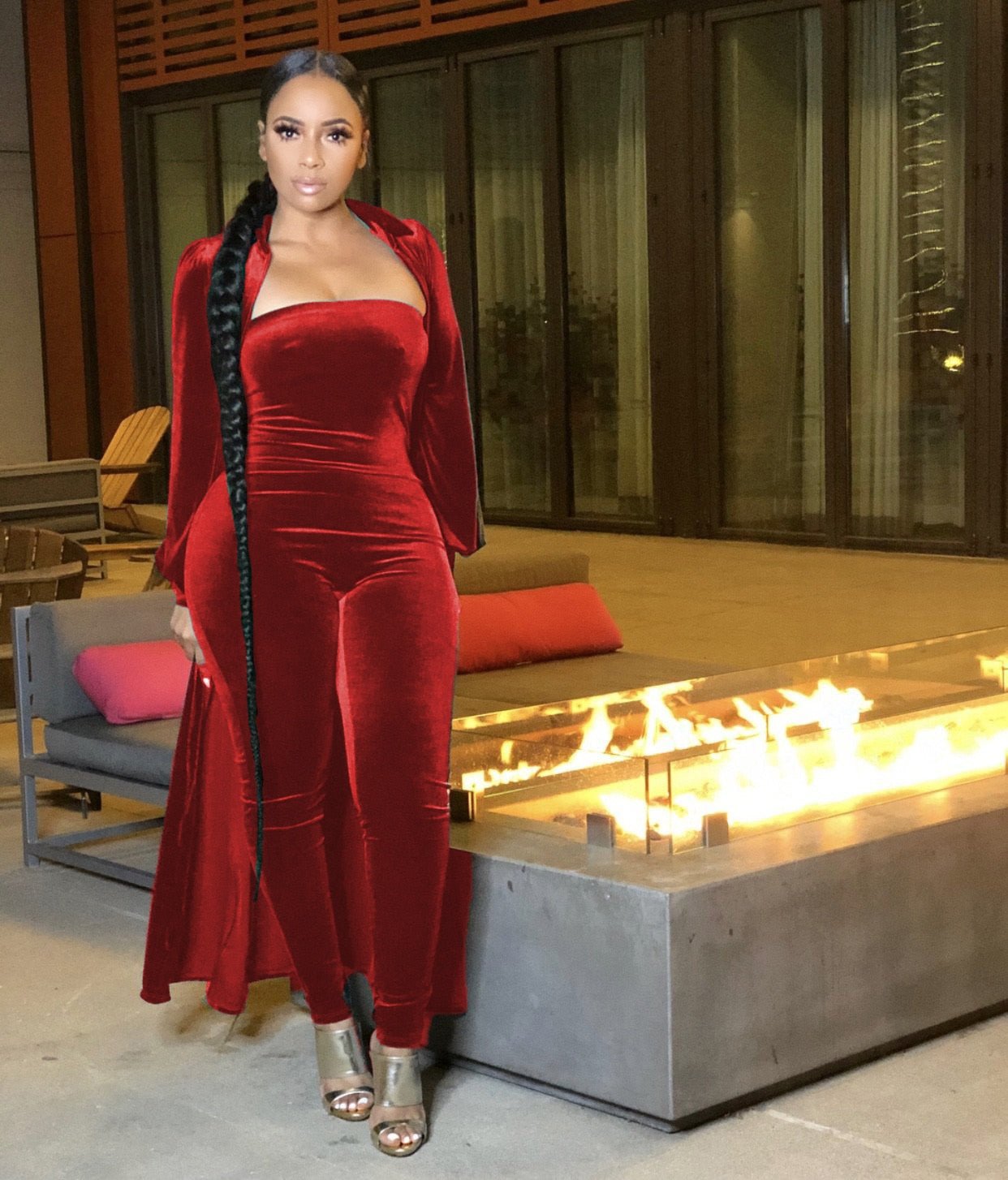 Velvet Long Sleeve Maxi Cardigan + Strapless Jumpsuit - Rose In Concrete 🥀