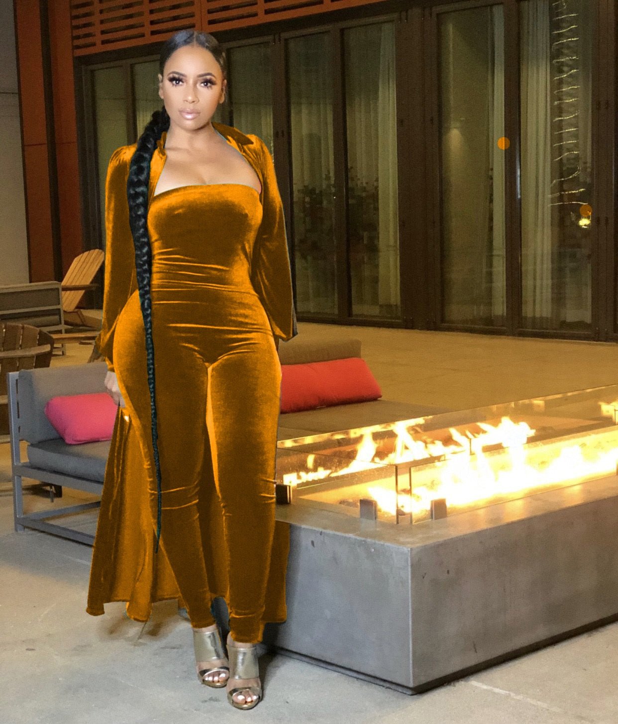 Velvet Long Sleeve Maxi Cardigan + Strapless Jumpsuit - Rose In Concrete 🥀