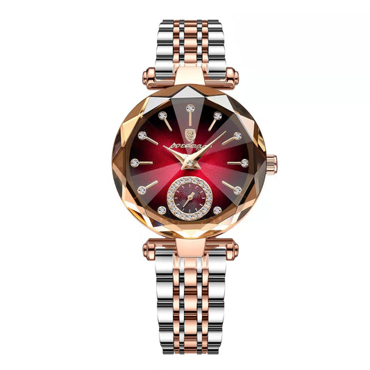 Stylish round quartz stainless steel watch featuring a striking red dial and diamond-like accents for a sophisticated look.