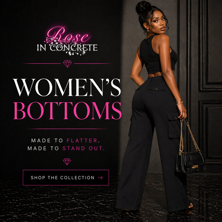 Stylish women's bottoms in chic blue pants paired with a trendy top and a rose in the background.