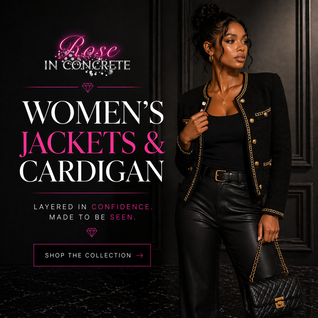 Stylish jackets and cardigans showcasing exclusive outerwear with a modern twist and floral backdrop.