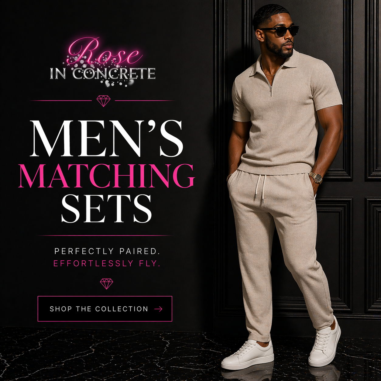 Men's matching sets fashion: Stylish man in black outfit with rose, showcasing trendy matching sets.