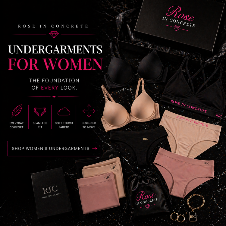 Model showcasing comfortable underwear and bras with a pink lingerie set against a floral background.