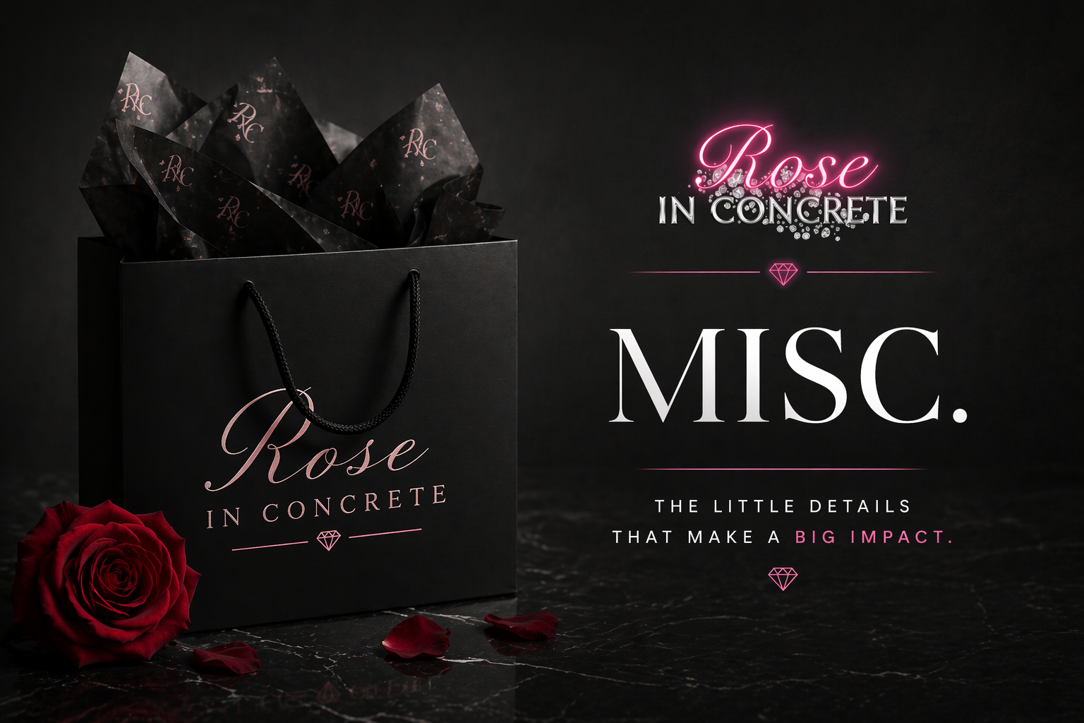 Black bag with unique lifestyle accessories from Rose in Concrete, highlighting the Misc. collection.