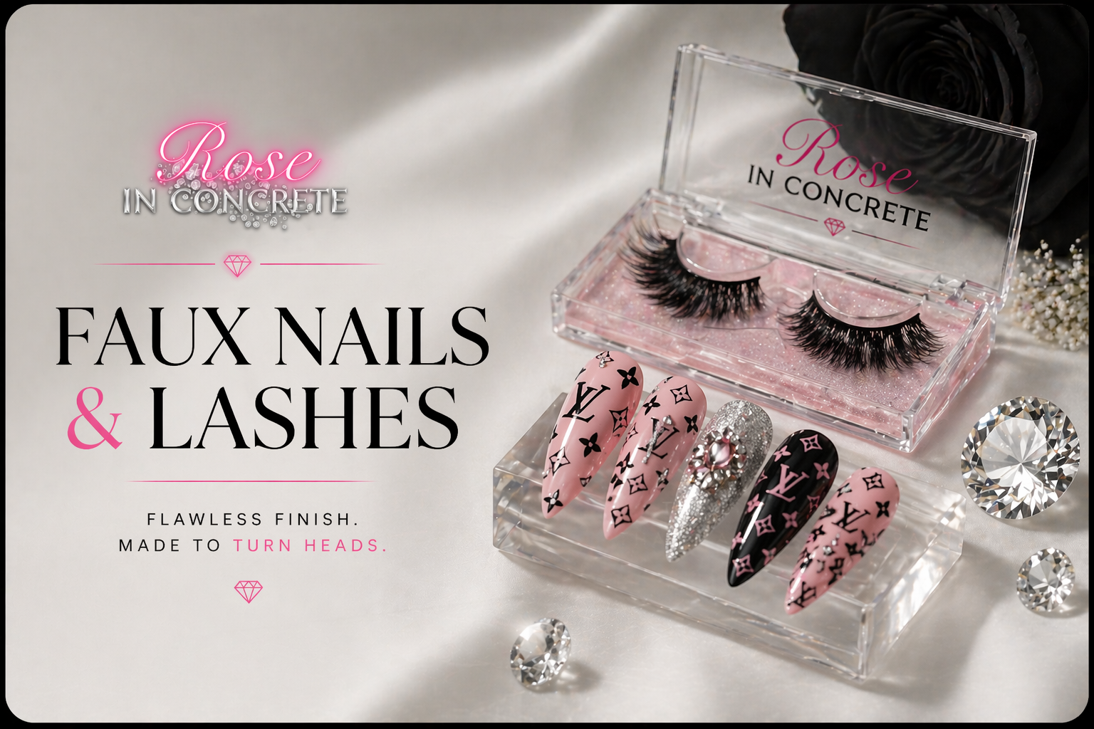 Faux Nails and Lashes collection featuring elegant nail design and dramatic eyelashes with a rose background.