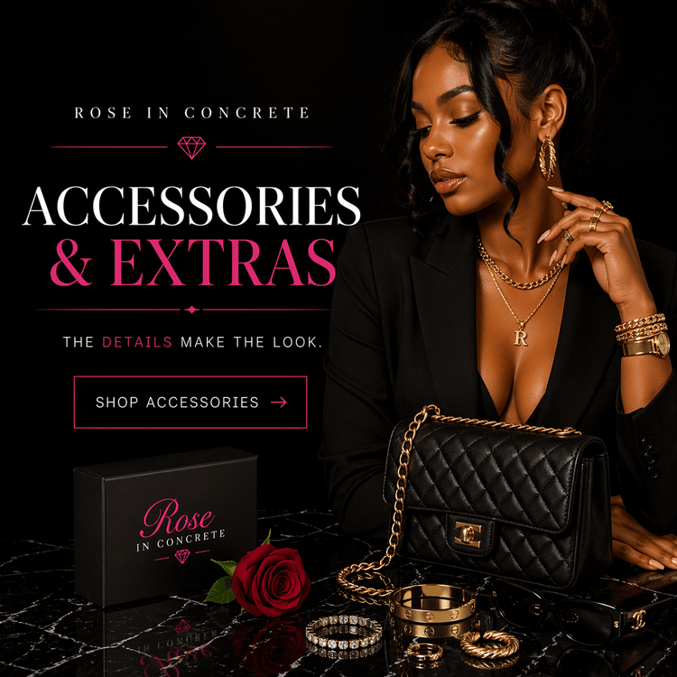 Trendy women's fashion accessories displayed on a stylish model wearing sunglasses and a cap with a rose background.