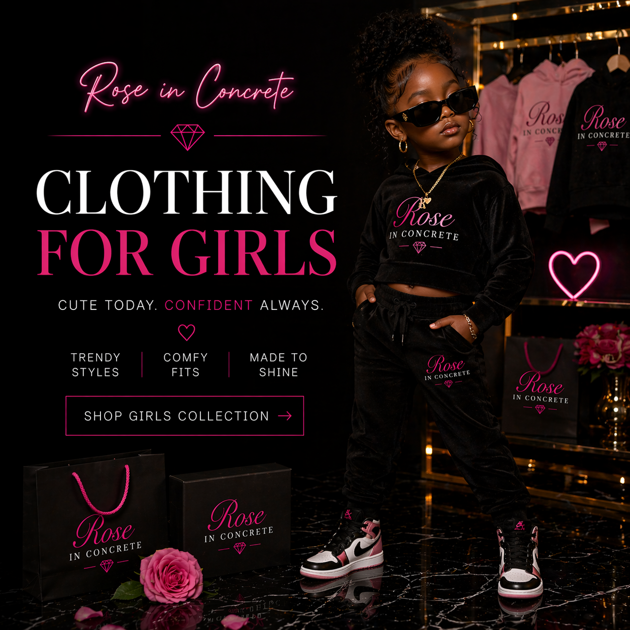 Adorable girl in stylish outfit from our girls clothing collection, featuring puffy sleeves and a vibrant skirt.