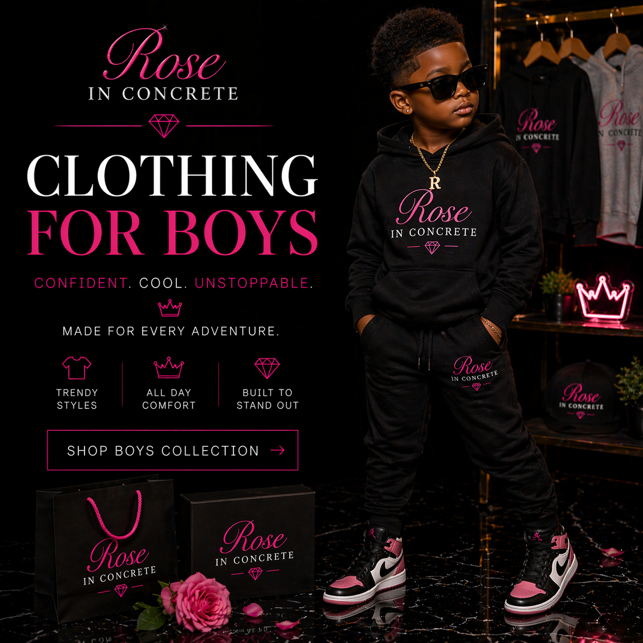 Boys clothing collection featuring stylish outfits for active kids in bright orange and brown shorts.