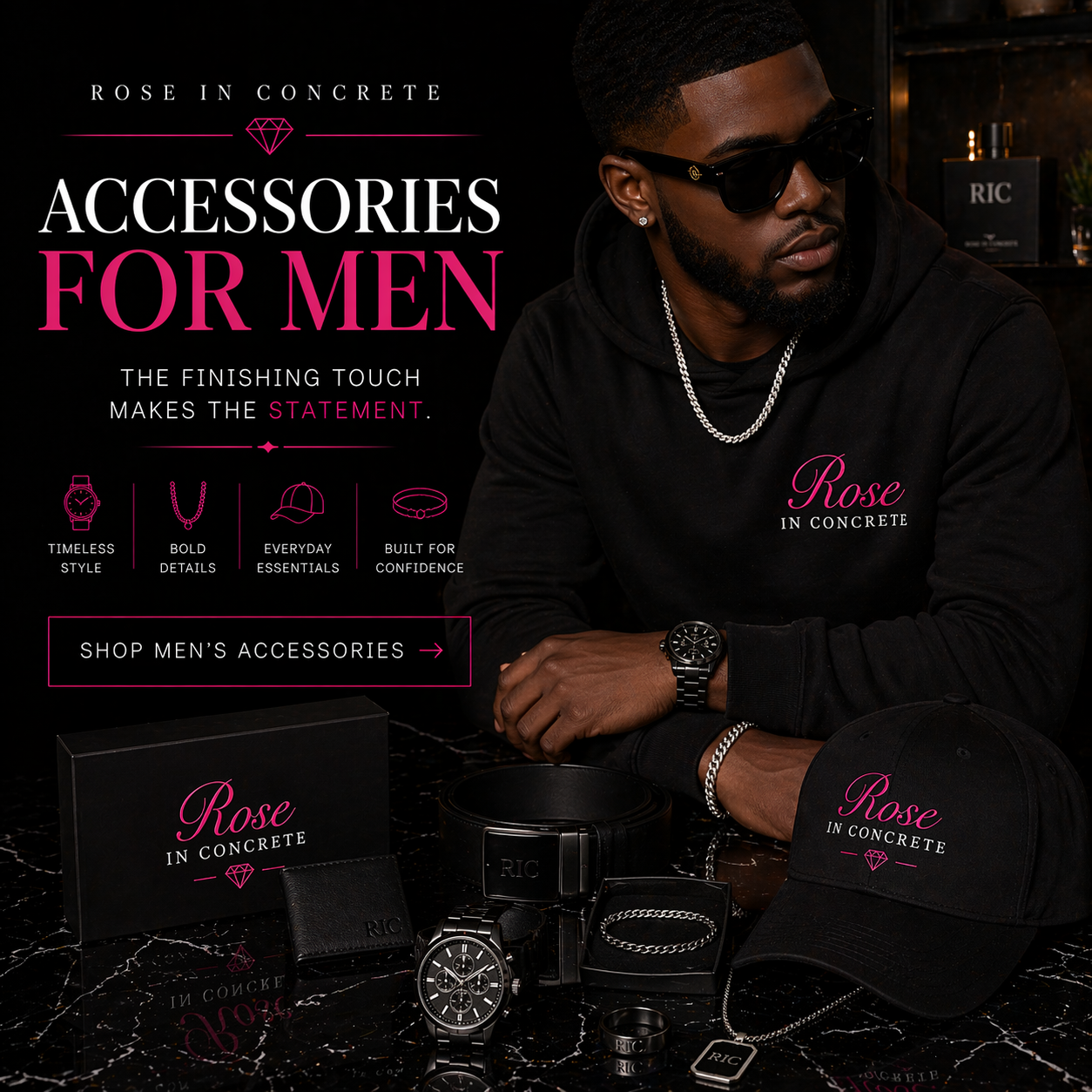 Stylish man wearing trendy sunglasses and a red blazer, showcasing men's fashion accessories in a modern setting.