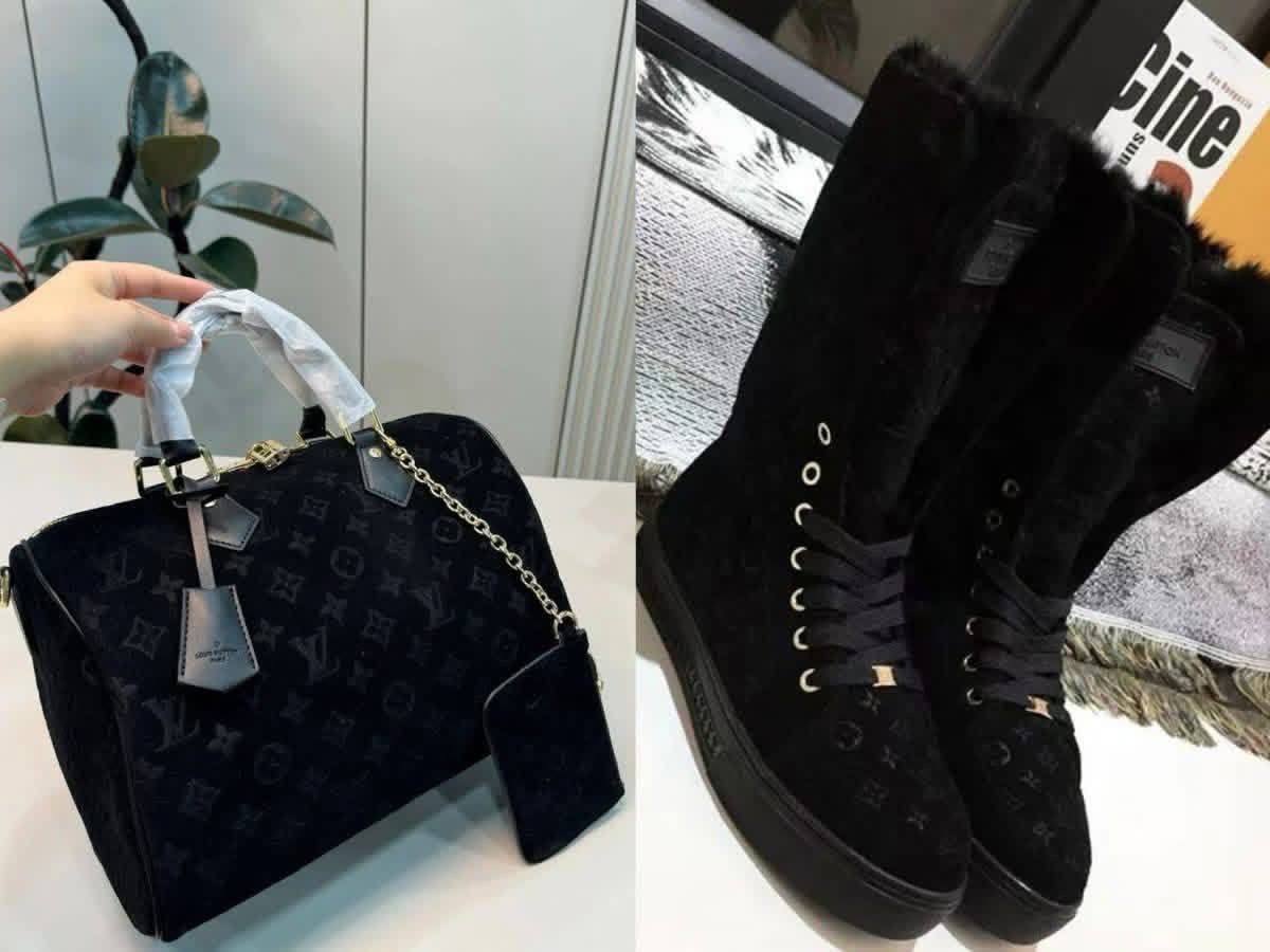 Suede Monogram Winter Set featuring fur-lined boots and matching handbag for stylish cold-weather fashion.