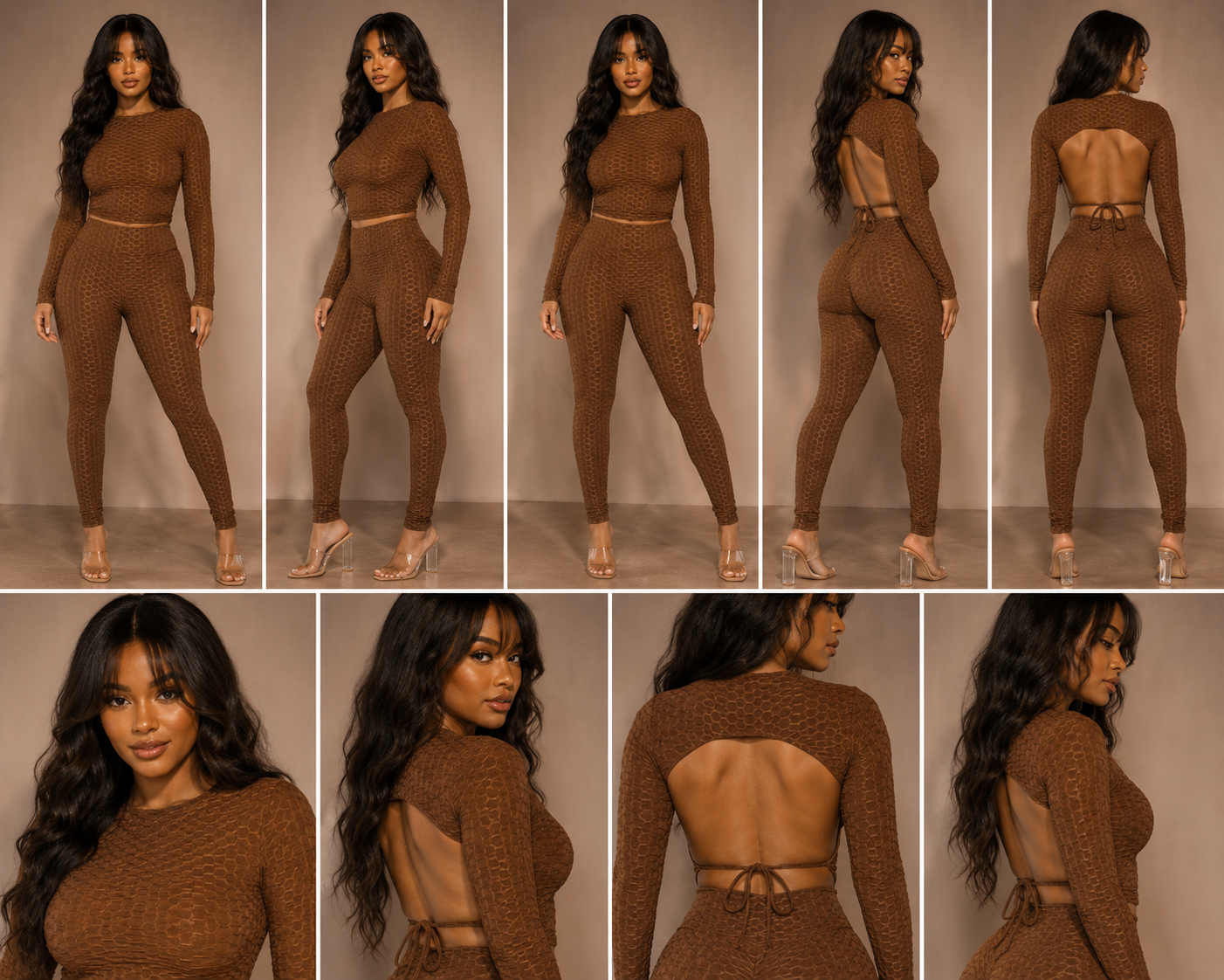Honeycomb Open Back Leggings Set – Textured 2 Piece Outfit - Rose In Concrete 🥀
