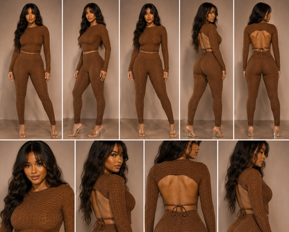 Honeycomb Open Back Leggings Set – Textured 2 Piece Outfit - Rose In Concrete 🥀