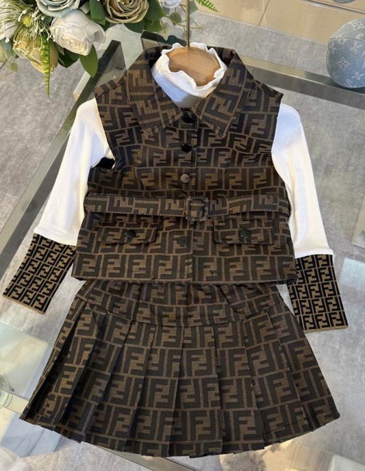 Girls’ Fashion 3-Piece Set – Monogram Vest, Skirt & Long Sleeve Top