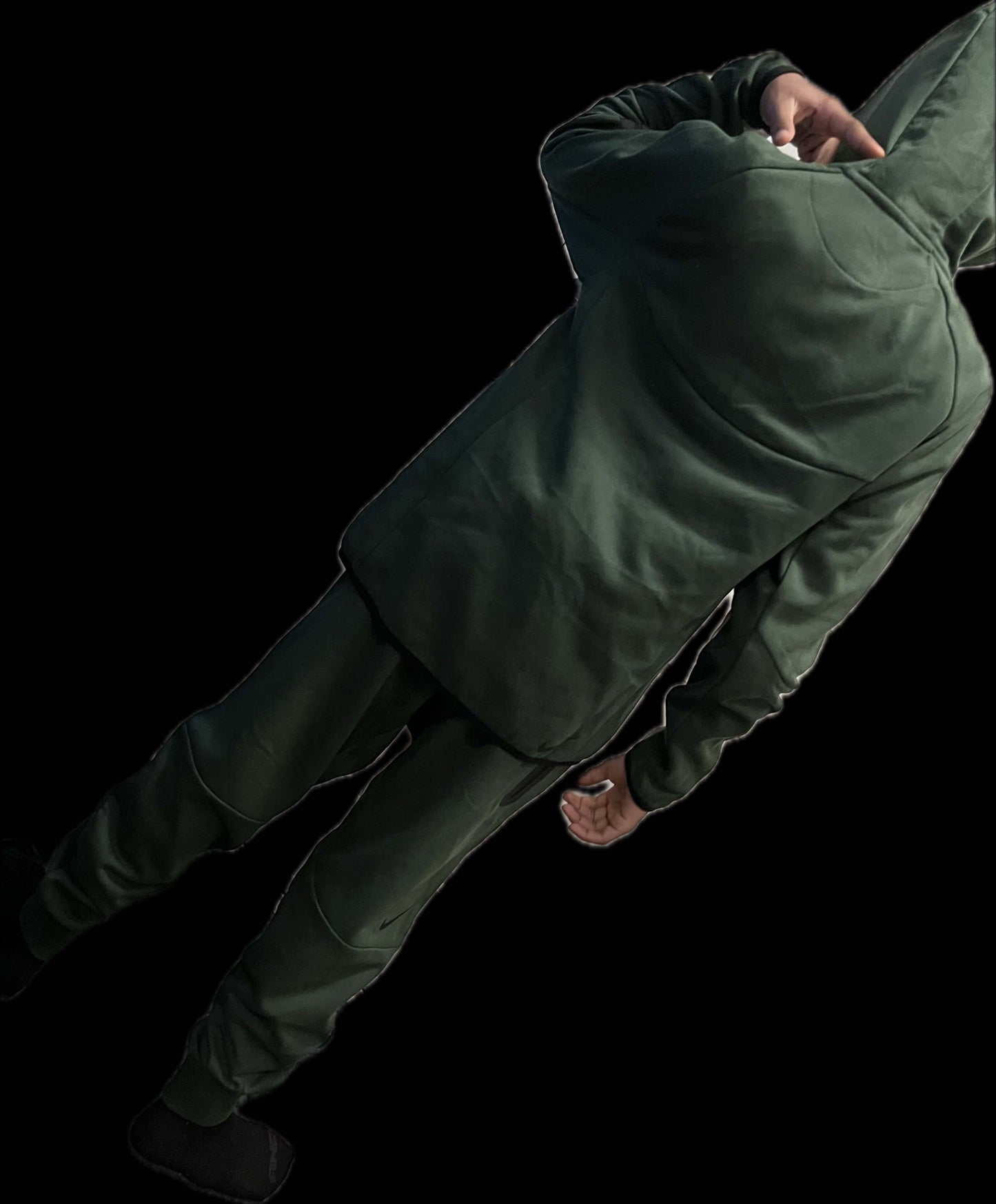 Alt Tag: Men’s Tech Lightweight Fleece Sweatsuit, Hoodie Jogger Set, Street Luxe Tracksuit in dark green, back view zip hoodie and tapered joggers