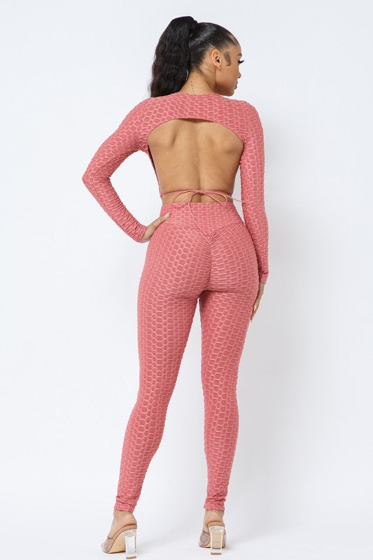Honeycomb Open Back Leggings Set – Textured 2 Piece Outfit - Rose In Concrete 🥀