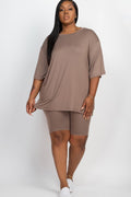 plus size biker shorts set featuring a loose fit top and high-waisted biker shorts in a trendy taupe color.