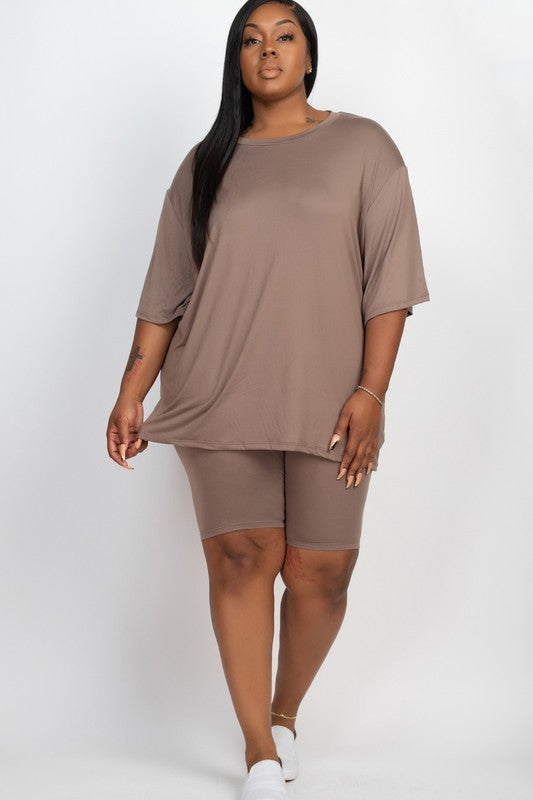 plus size biker shorts set featuring a loose fit top and high-waisted biker shorts in a trendy taupe color.