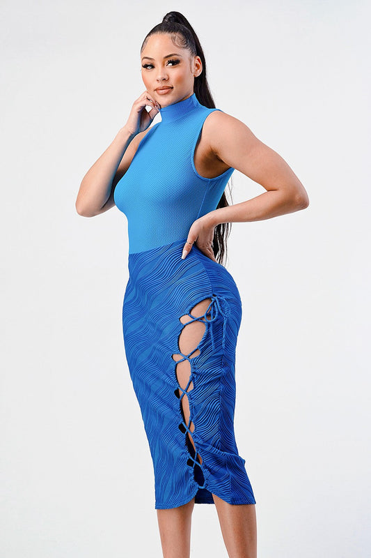 Ocean blue sleeveless midi dress featuring a high neckline and stylish side cutouts.