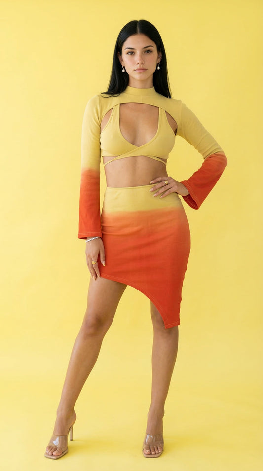 Model wearing sunset ombre 3 piece set featuring bold gradient colors from yellow to orange.