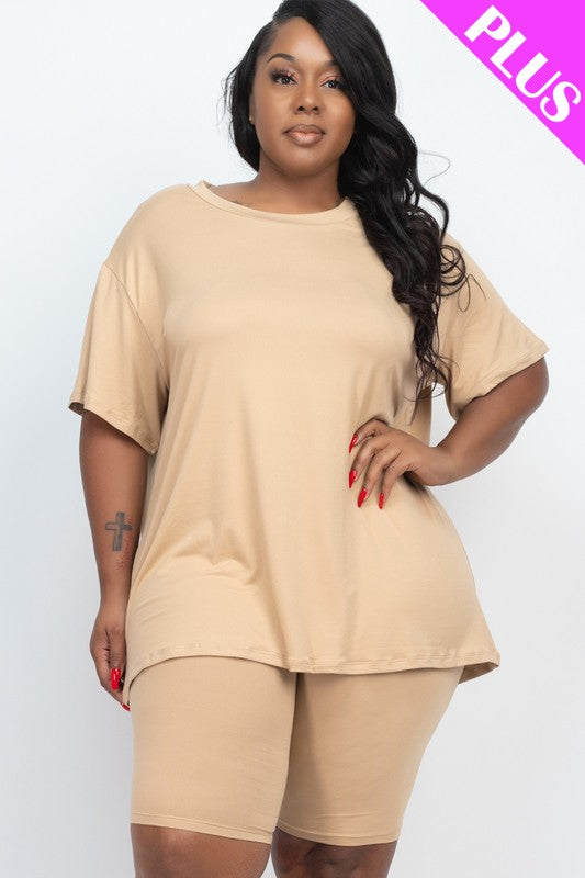 Plus size biker shorts set featuring a loose fit top and high-waisted biker shorts in soft beige fabric.