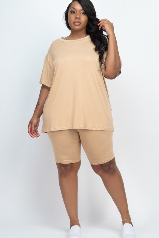 Plus size biker shorts set featuring a loose fit top and comfortable biker shorts in soft fabric.
