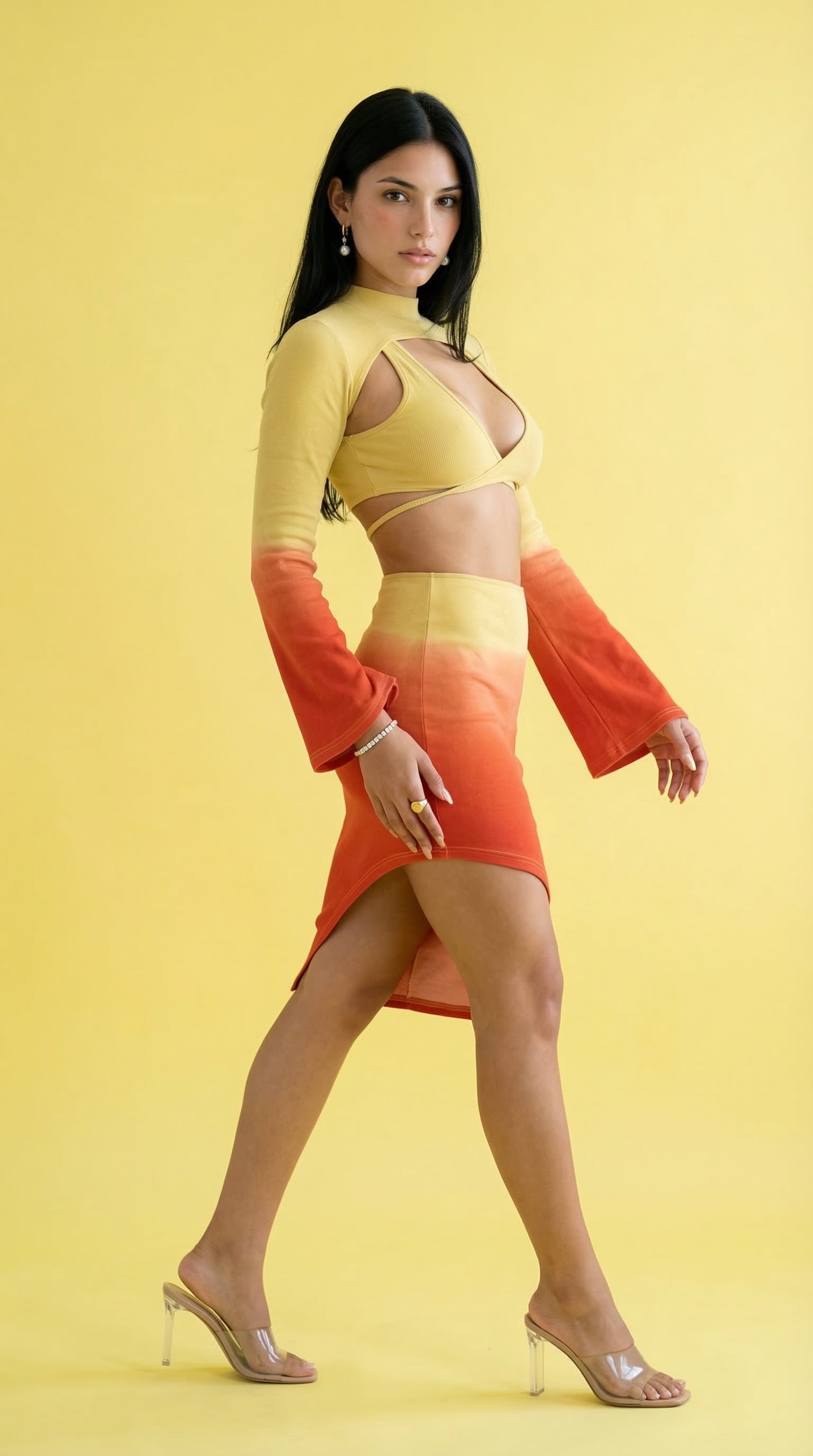 sunset ombre 3 piece set featuring a bold gradient design in yellow to orange, styled with long sleeves and a daring cut-out.