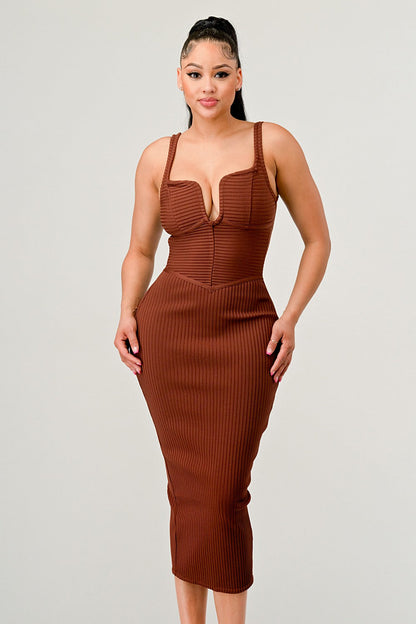 autumn midi dress with bandage design in rich brown color on model