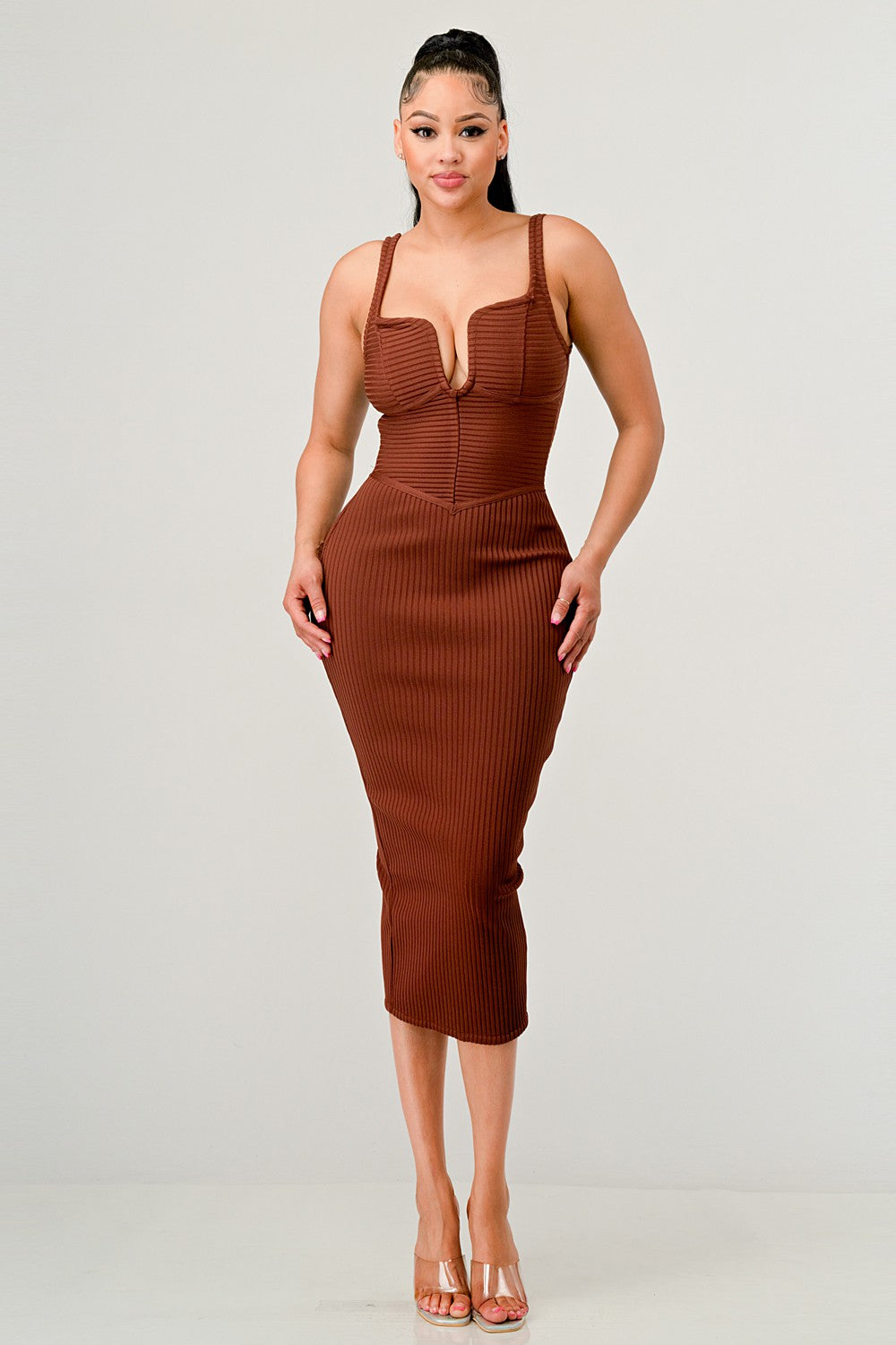 autumn midi dress with bandage design in brown on model