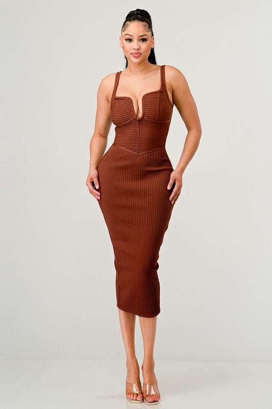 autumn midi dress with bandage design in brown on model