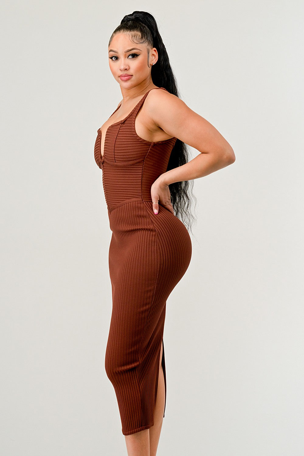 autumn midi dress with bandage design in rich brown color